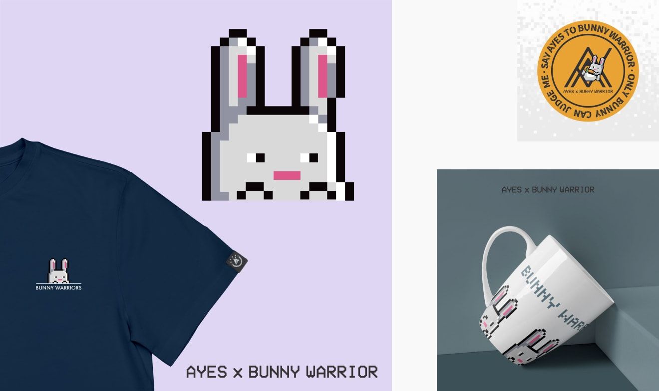 Ayes & Bunny Warrior’s product collection items included a navy premium tee, a mug and a sticker