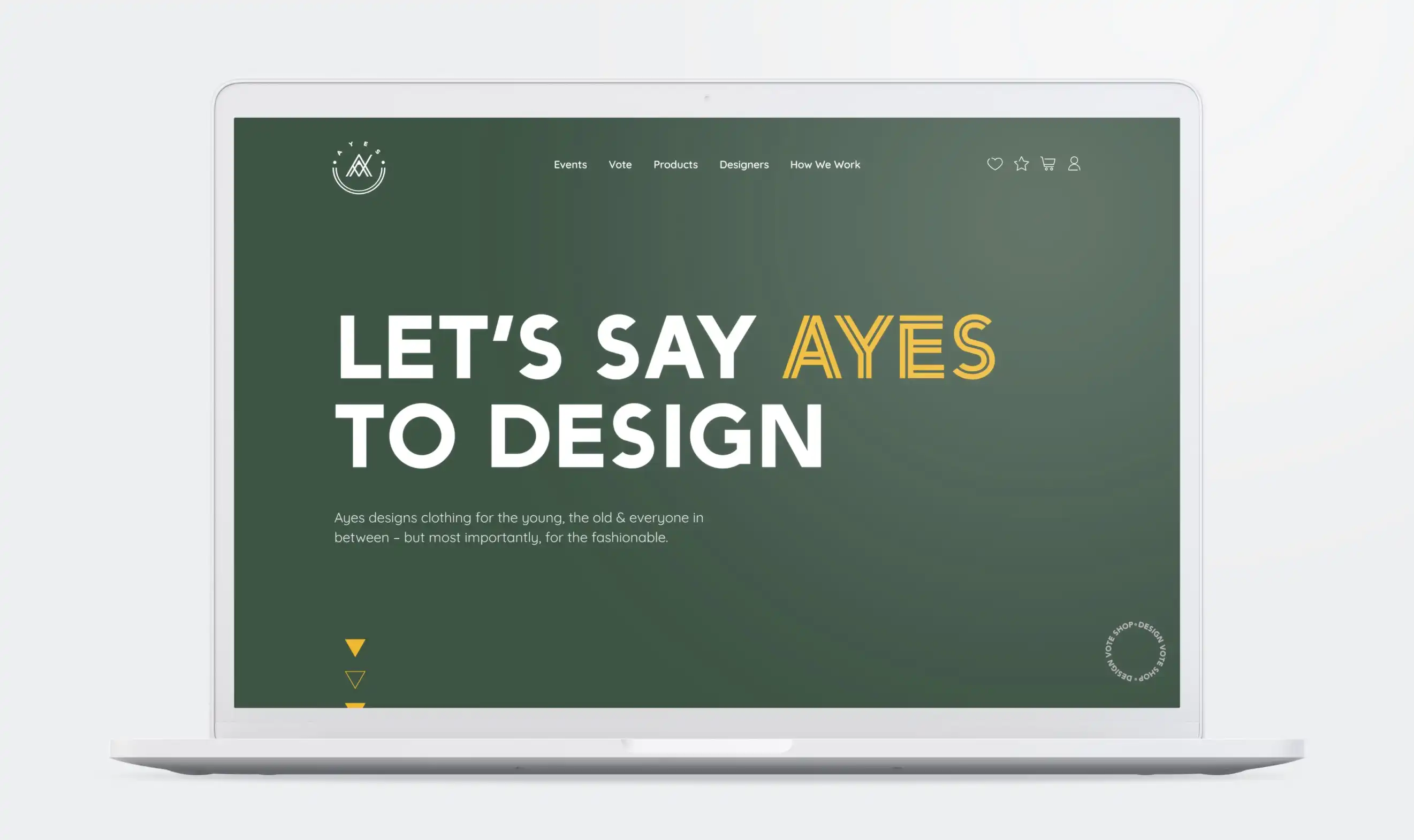 A “Let’s Say Ayes To Design” slogan with a dark green background shows on the laptop screen